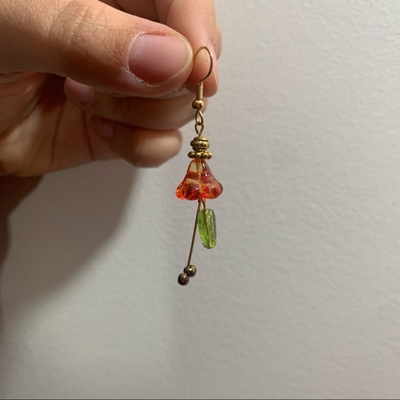 Red and Green Beaded Bellflower Drop Earrings - Picture 2 of 2